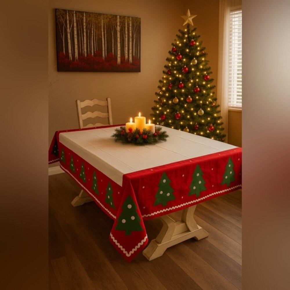 Potter Barn Kids Tablecloth 70x90 Ric-rac Christmas Tree Appliqué